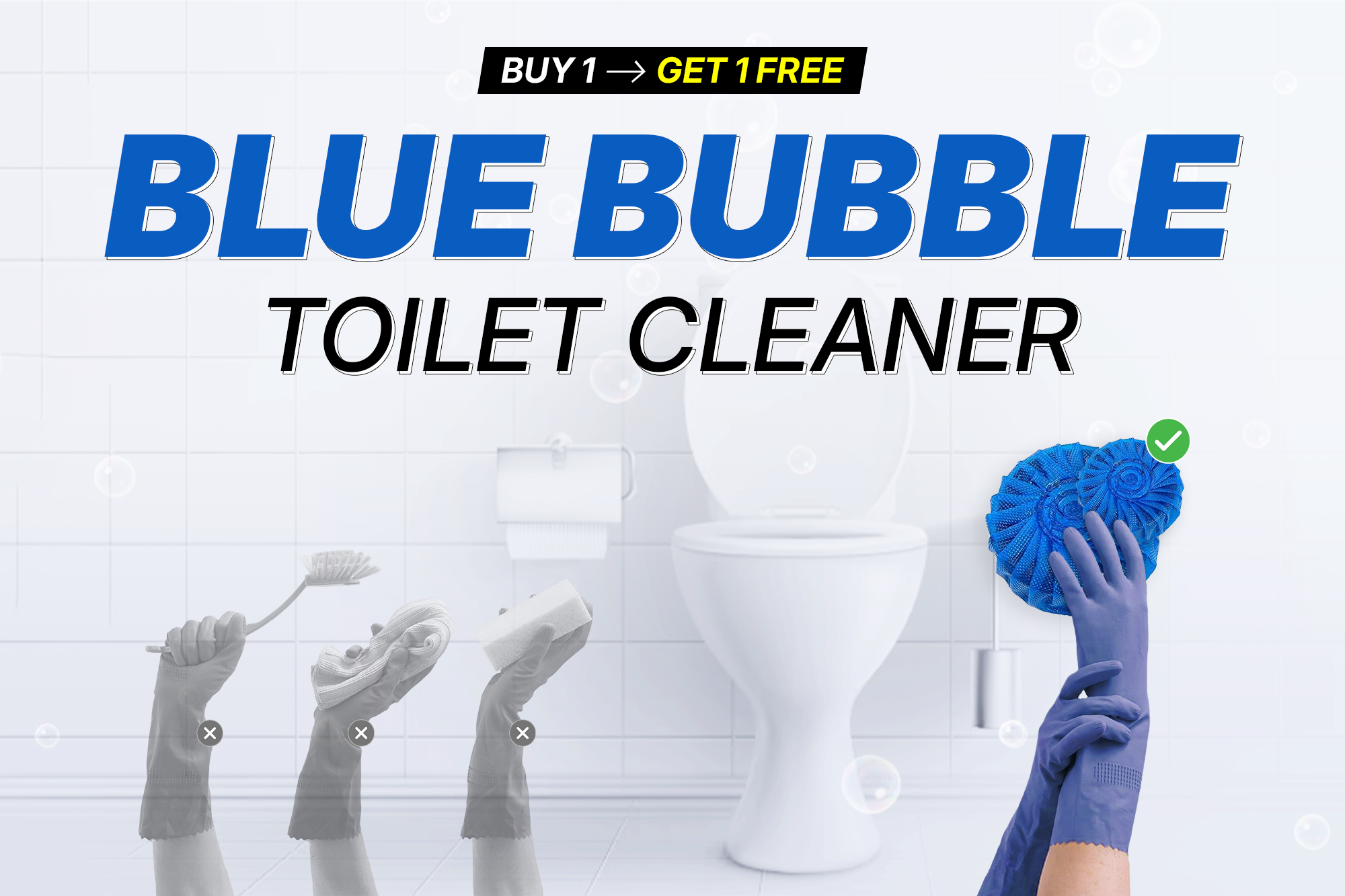 Advertisement for Blue Bubble Toilet Cleaner with a toilet, cleaning brush, and sponge on a white background.